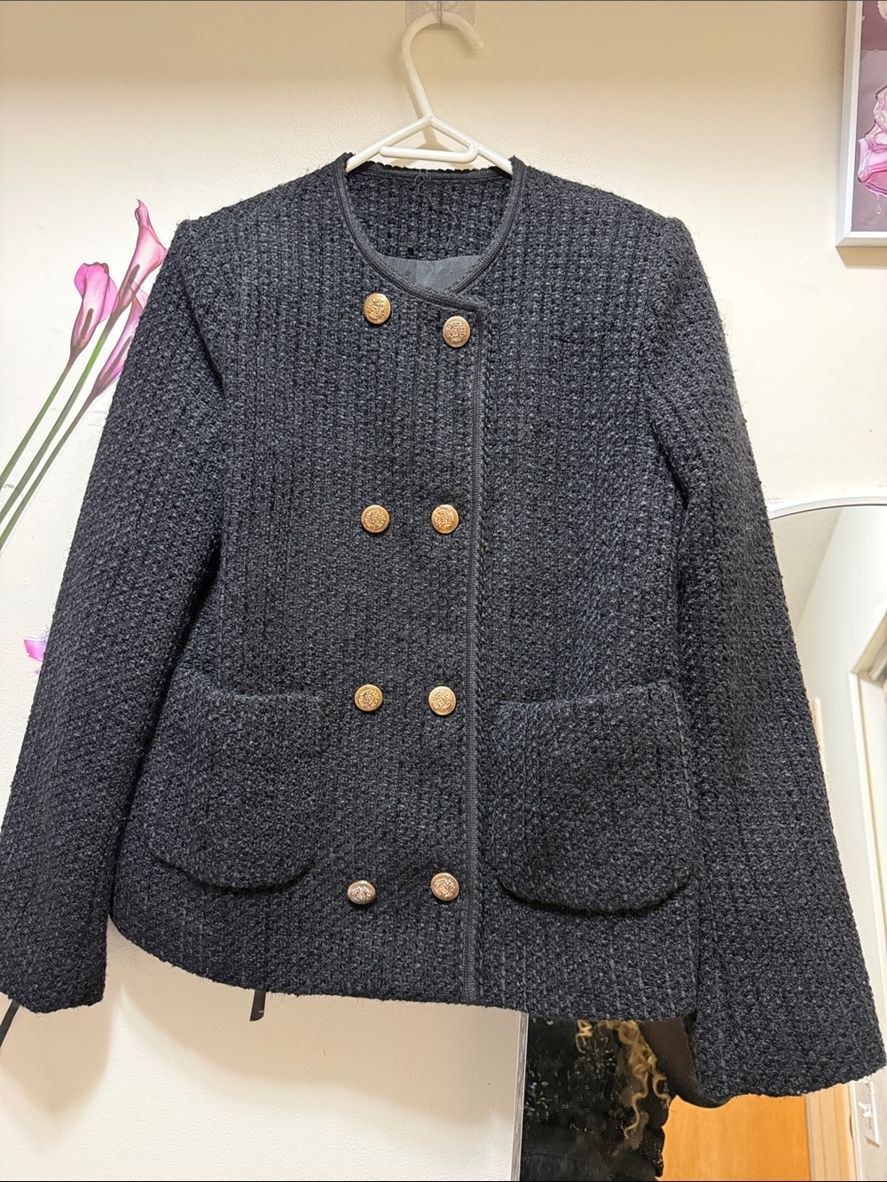 Black Bouclé Double-Breasted Jacket with Gold Buttons